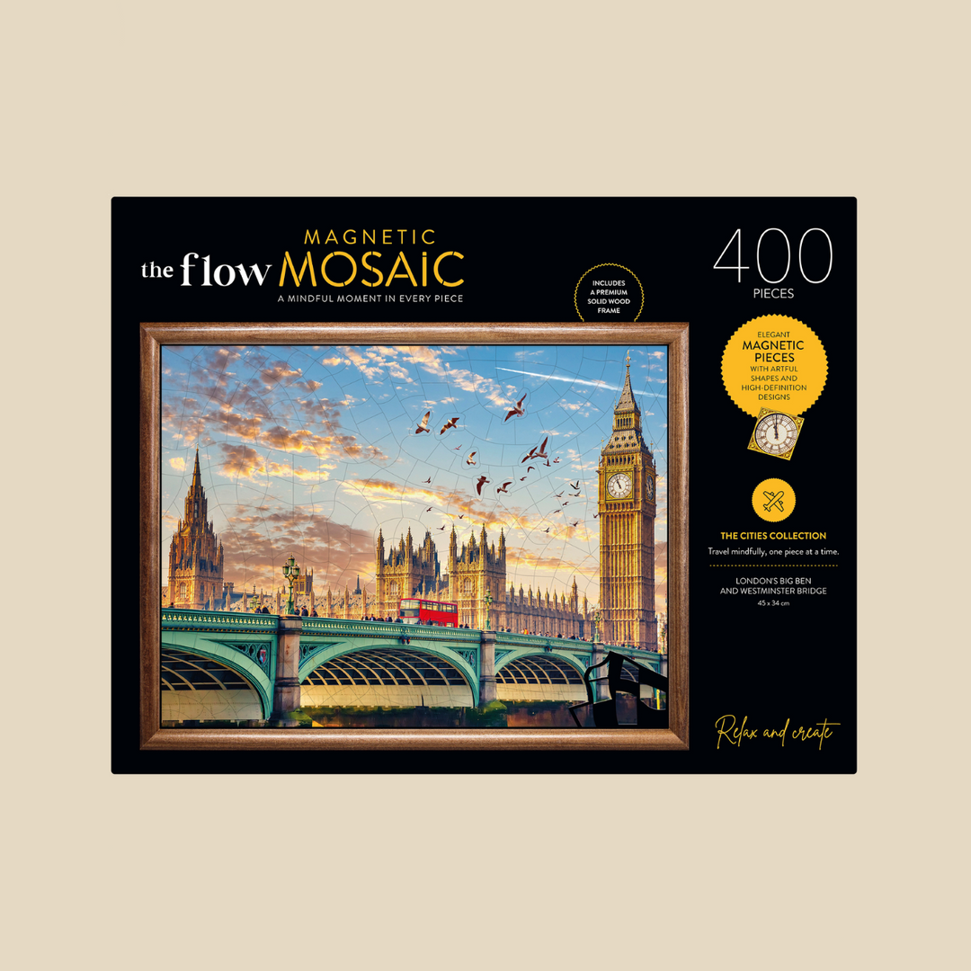 The Flow Brand London magnetic mosaic puzzle, completed Big Ben cityscape in its wooden display frame